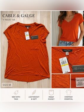 Orange V Neck Tee Medium NWT Pocket Lightweight Basic Top